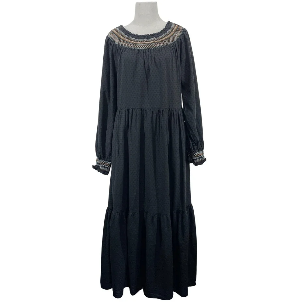 Universal Thread Size S Maxi Dress Black Smocked Embroidered Tiered Boho Peasant